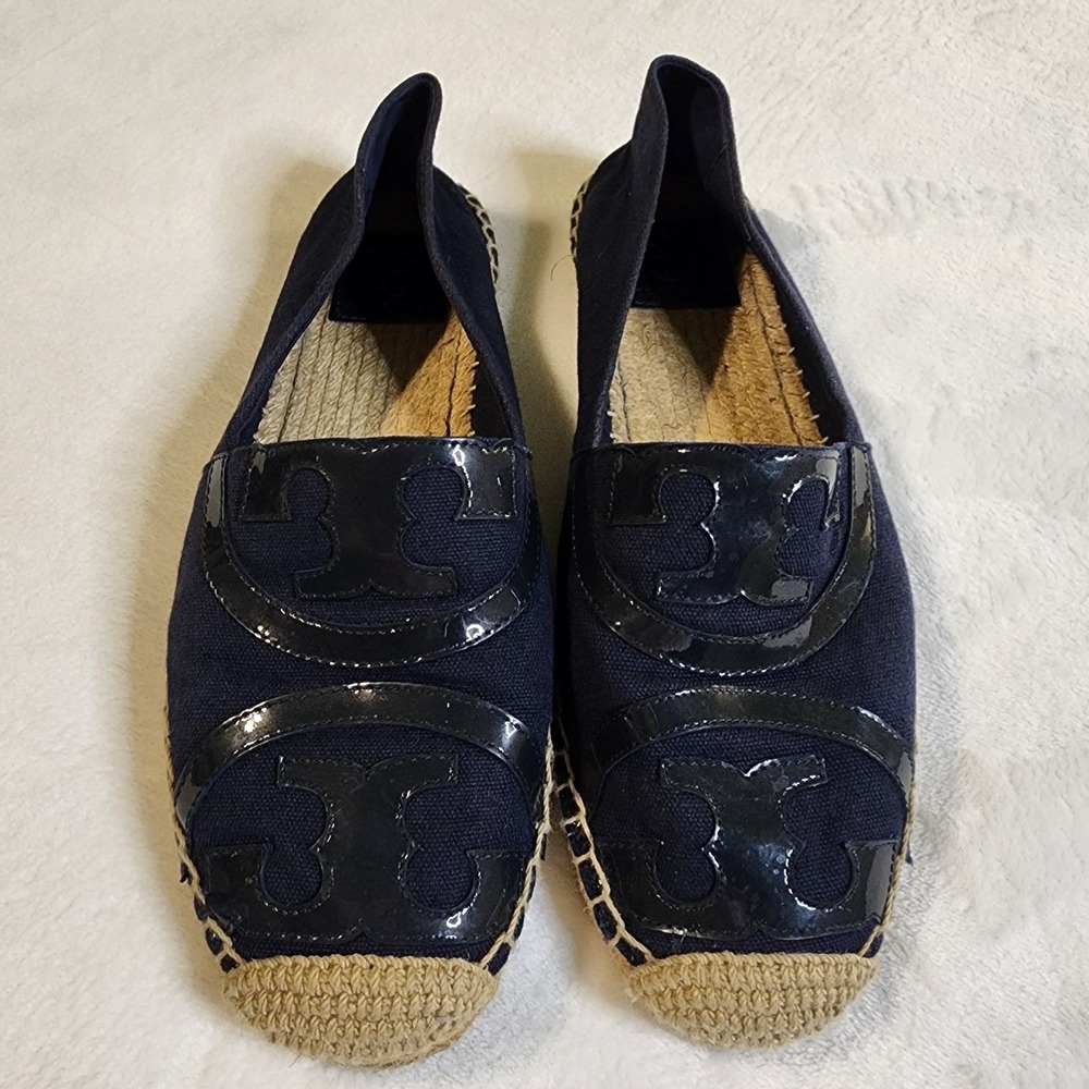 Tory Burch Poppy Canvas Espadrille Logo Slip On Shoes- Navy, Women's Size 9.5M